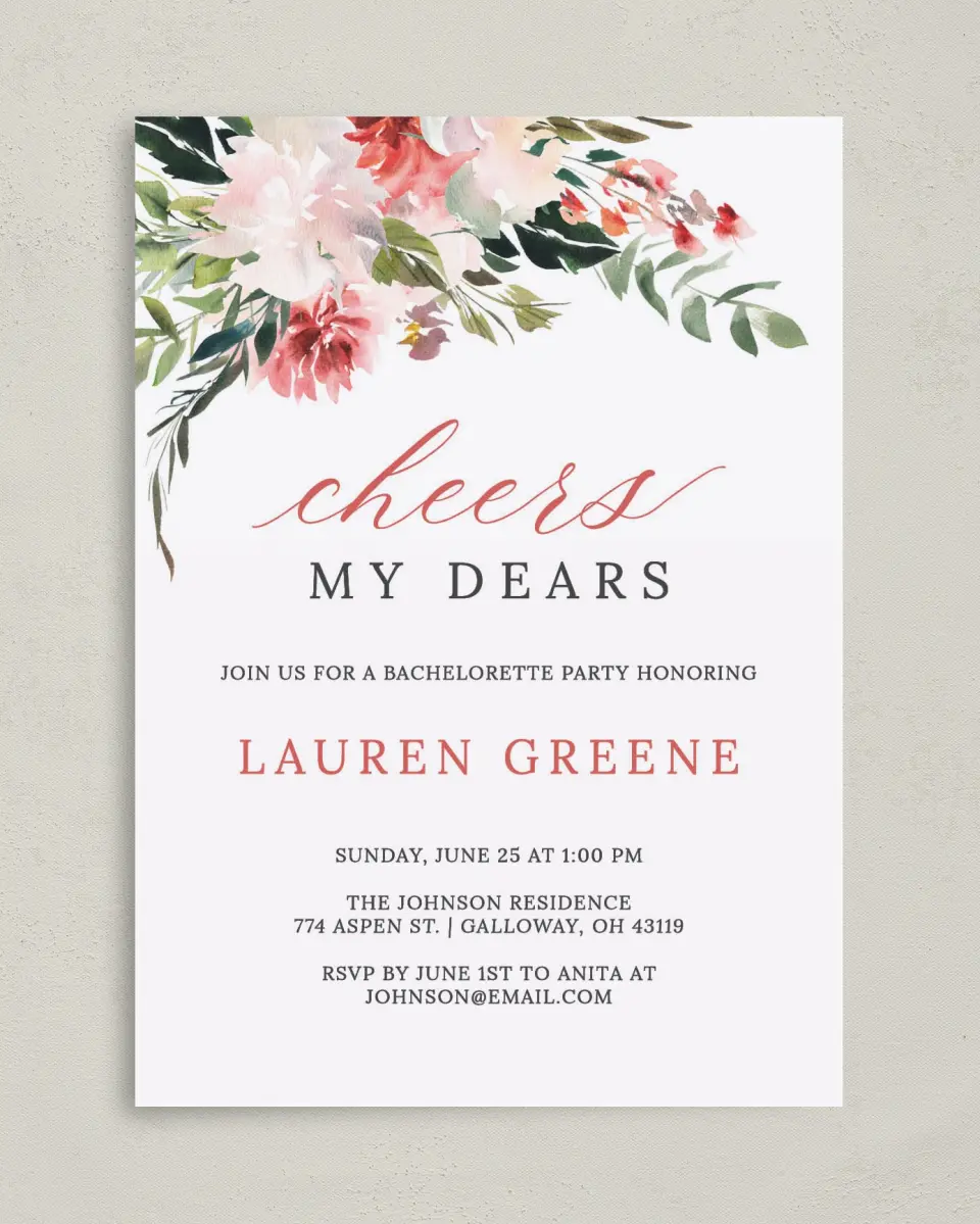 This is a 5" x 7" Bachelorette Party Invitation called Blooming Brunch printed in full color on Premium Smooth paper