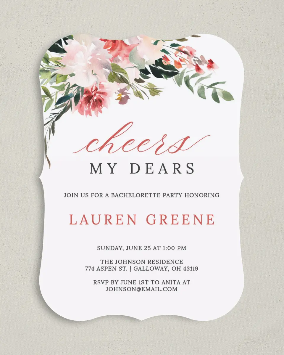 This is a 5" x 7" Bachelorette Party Invitation called Blooming Brunch printed in full color on Premium Smooth paper