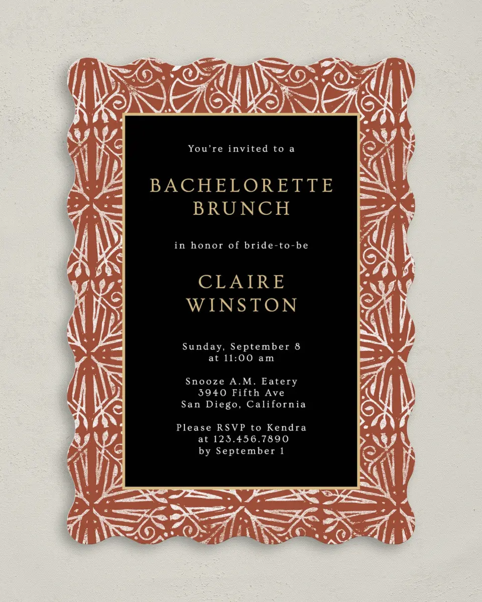 This is a 5" x 7" Bachelorette Party Invitation called Stamped Bachelorette printed in full color on Premium Smooth paper