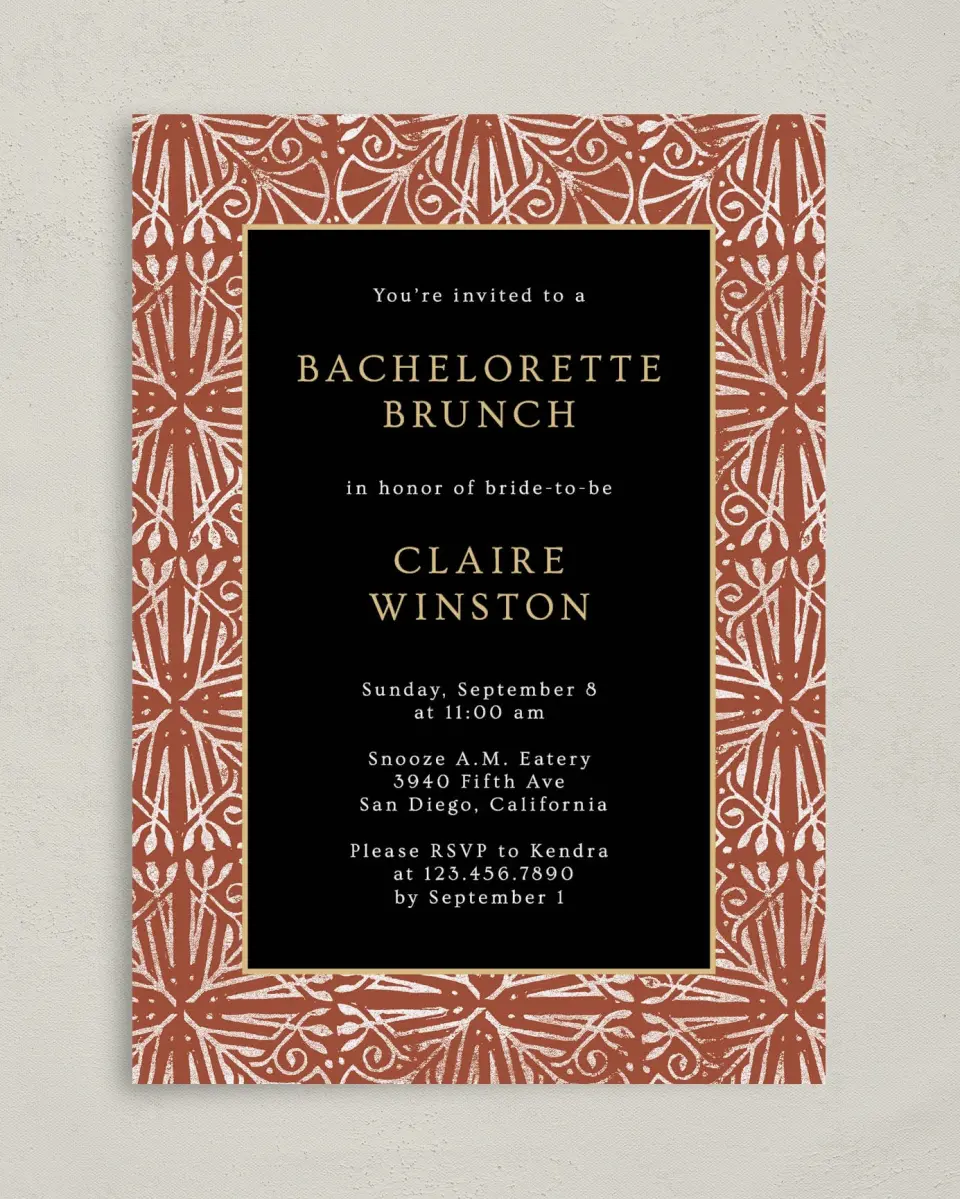 This is a 5" x 7" Bachelorette Party Invitation called Stamped Bachelorette printed in full color on Premium Smooth paper