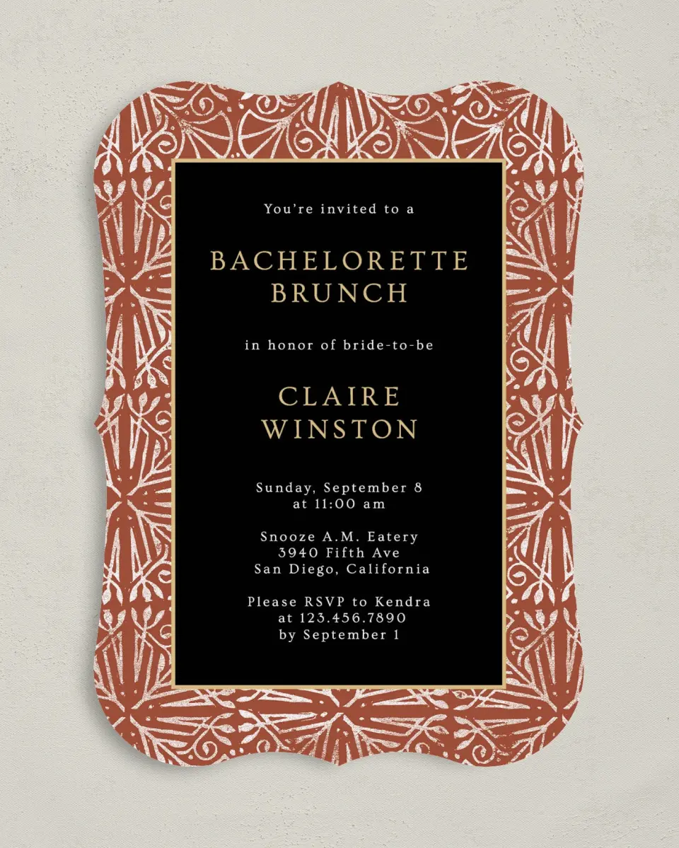 This is a 5" x 7" Bachelorette Party Invitation called Stamped Bachelorette printed in full color with Silver foil on Luxe Satin (coated) paper