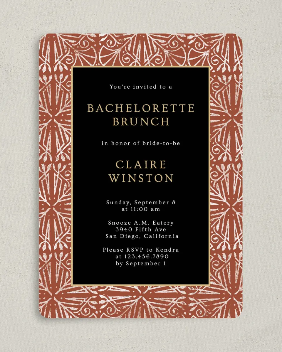 This is a 5" x 7" Bachelorette Party Invitation called Stamped Bachelorette printed in full color on Premium Smooth paper