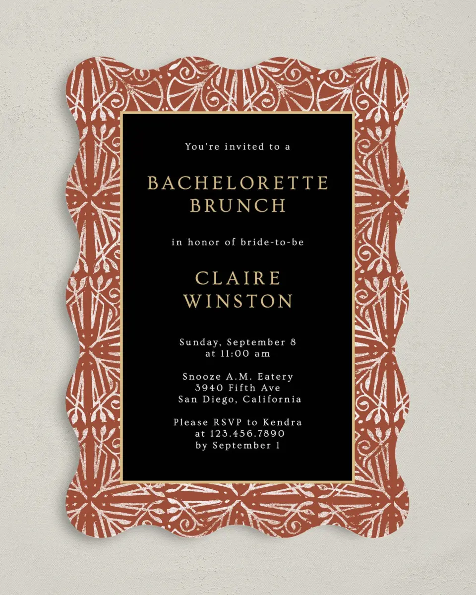This is a 5" x 7" Bachelorette Party Invitation called Stamped Bachelorette printed in full color on Premium Smooth paper