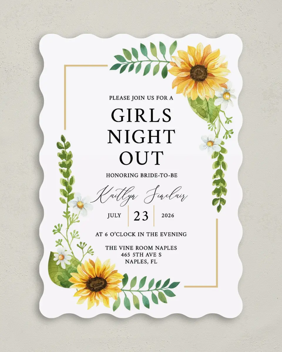 This is a 5" x 7" Bachelorette Party Invitation called Sunflower Celebration printed in full color on Premium Smooth paper