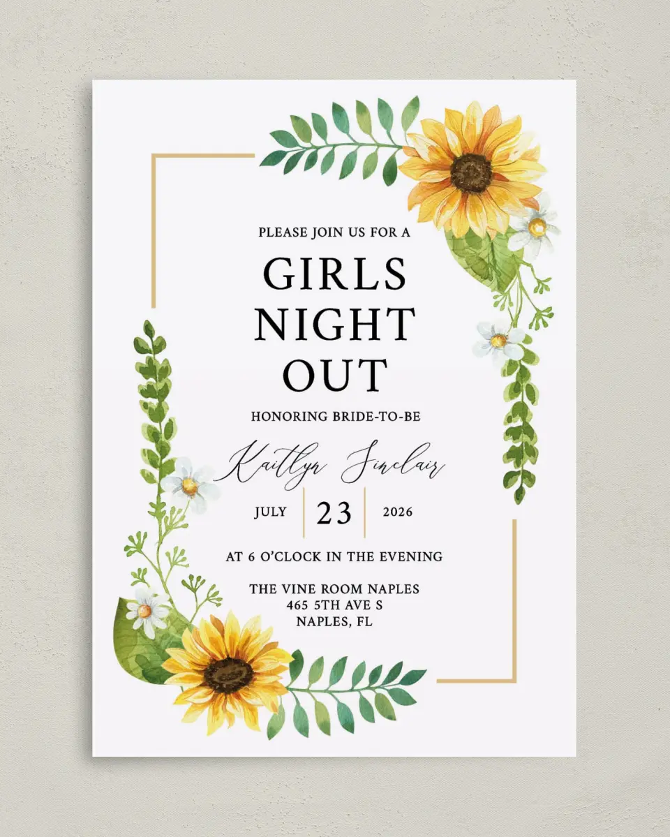 This is a 5" x 7" Bachelorette Party Invitation called Sunflower Celebration printed in full color on Premium Smooth paper