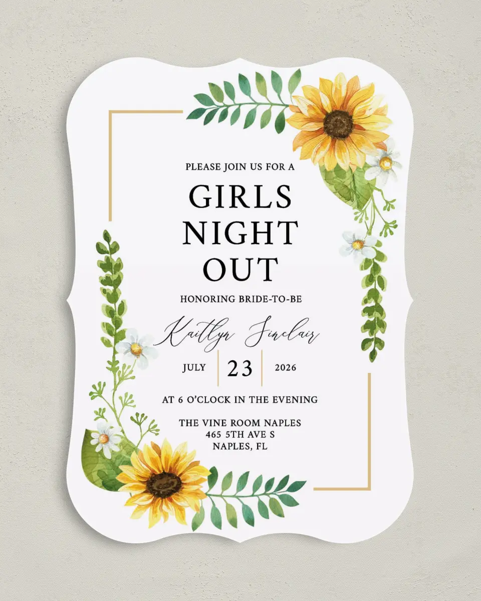 This is a 5" x 7" Bachelorette Party Invitation called Sunflower Celebration printed in full color on Premium Smooth paper