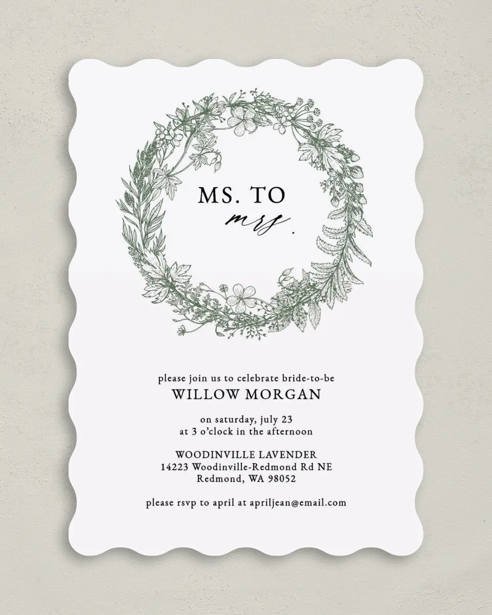 This is a 5" x 7" Bachelorette Party Invitation called Budding Wreath printed in full color on Premium Smooth paper