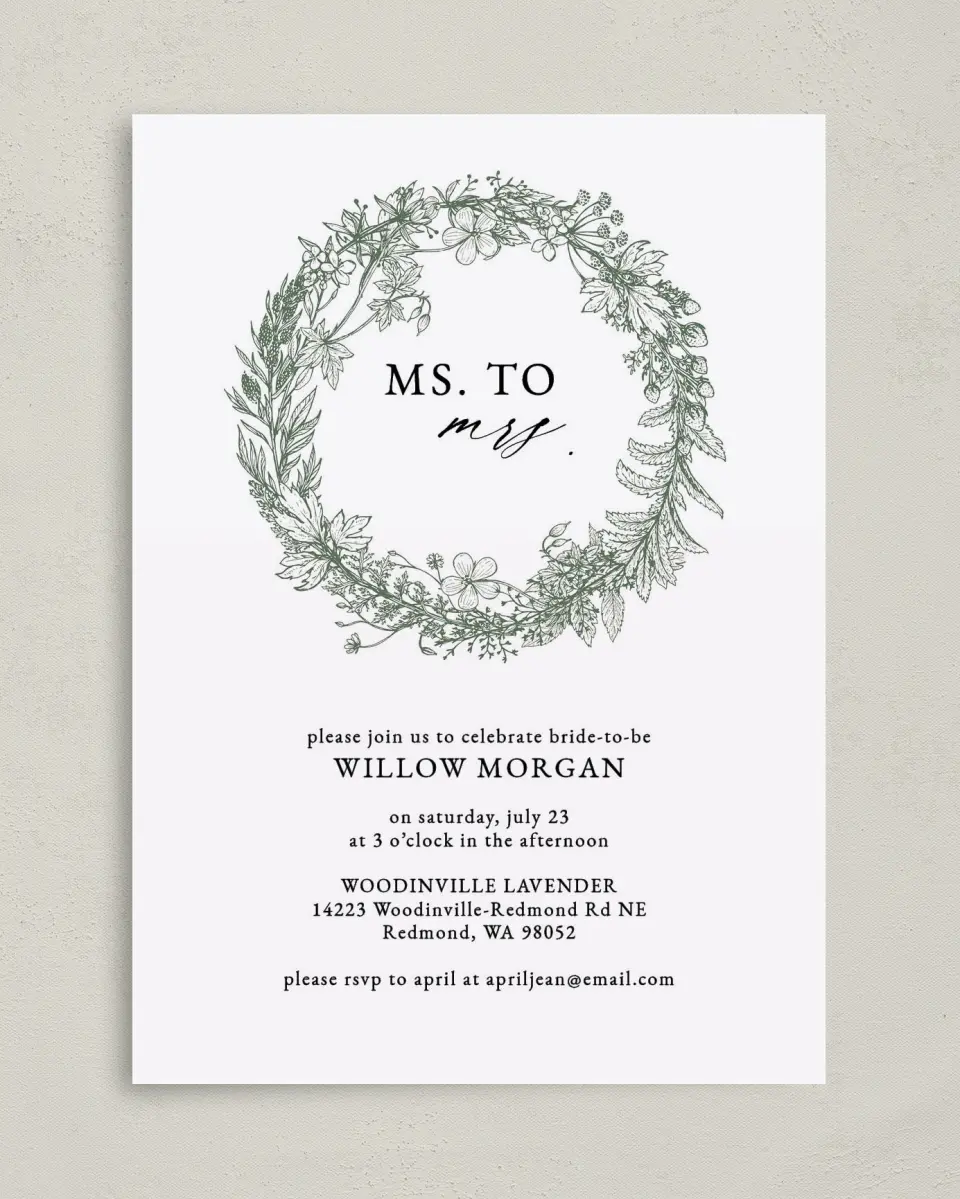 This is a 5" x 7" Bachelorette Party Invitation called Budding Wreath printed in full color on Premium Smooth paper