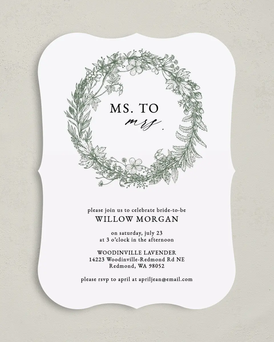 This is a 5" x 7" Bachelorette Party Invitation called Budding Wreath printed in full color on Premium Smooth paper