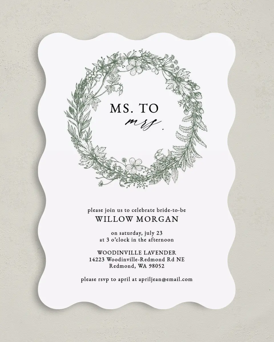 This is a 5" x 7" Bachelorette Party Invitation called Budding Wreath printed in full color on Premium Smooth paper
