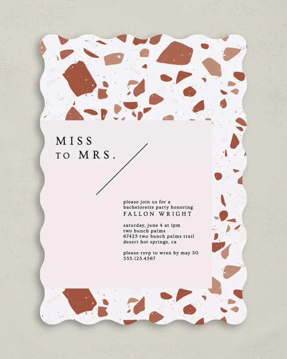 This is a 5" x 7" Bachelorette Party Invitation called Modern Terrazzo printed in full color on Premium Smooth paper