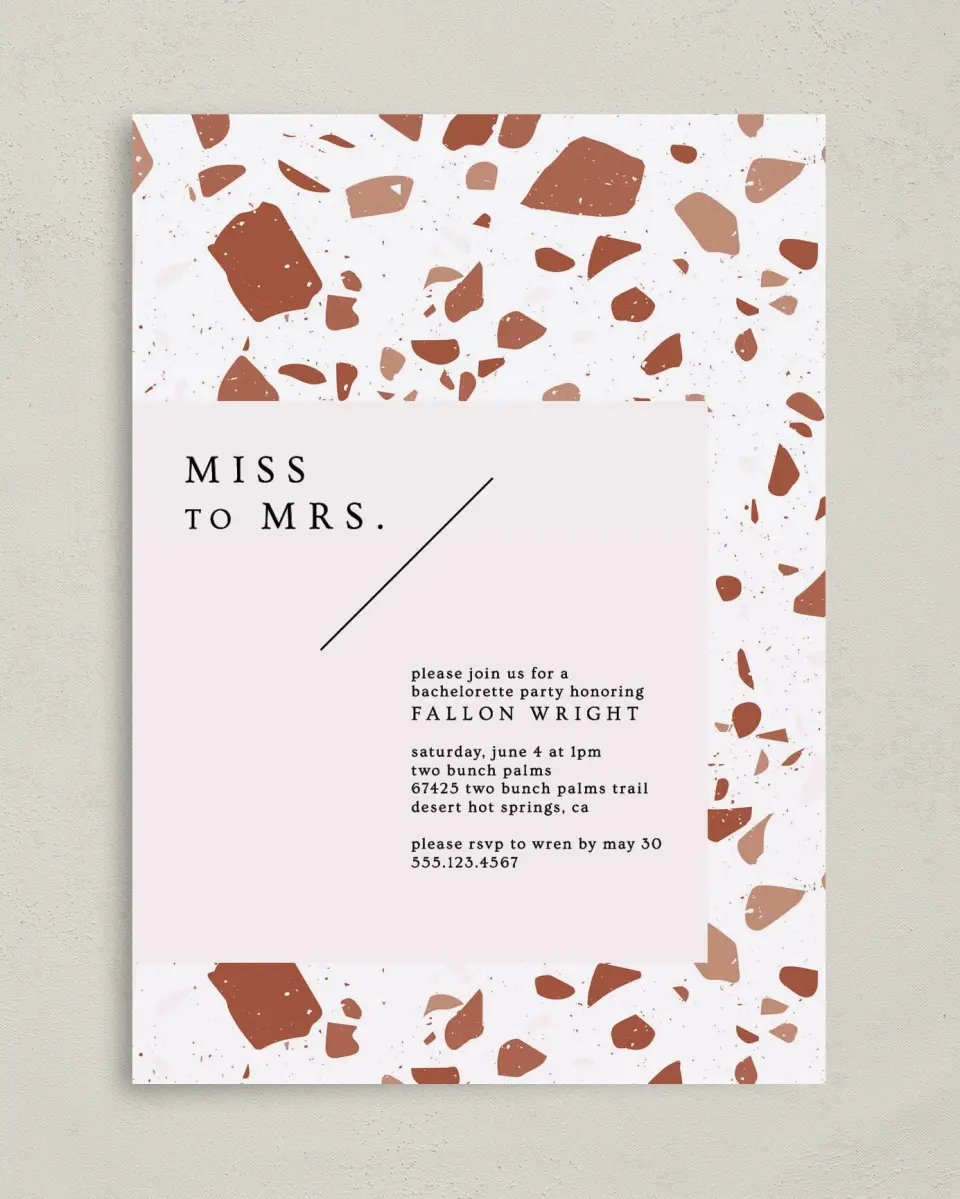 This is a 5" x 7" Bachelorette Party Invitation called Modern Terrazzo printed in full color on Premium Smooth paper