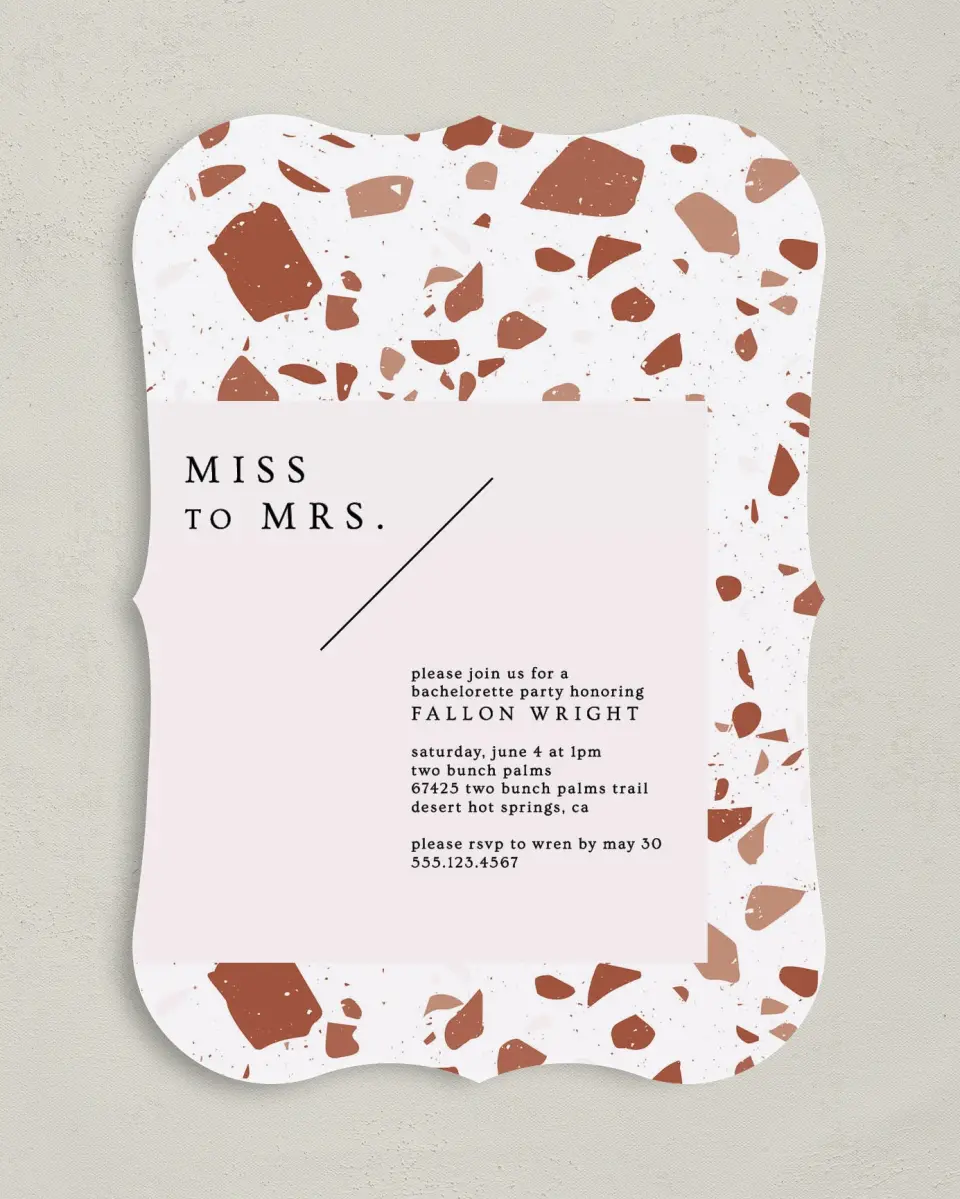 This is a 5" x 7" Bachelorette Party Invitation called Modern Terrazzo printed in full color on Premium Smooth paper