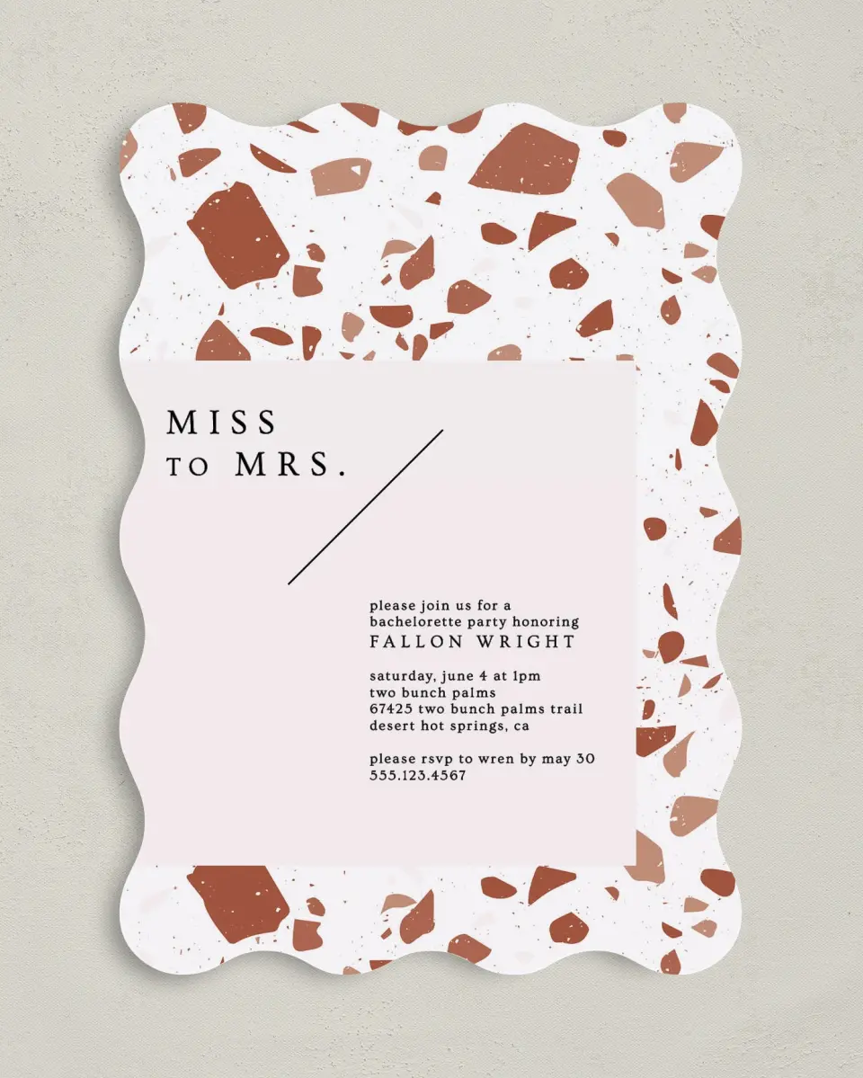 This is a 5" x 7" Bachelorette Party Invitation called Modern Terrazzo printed in full color on Premium Smooth paper