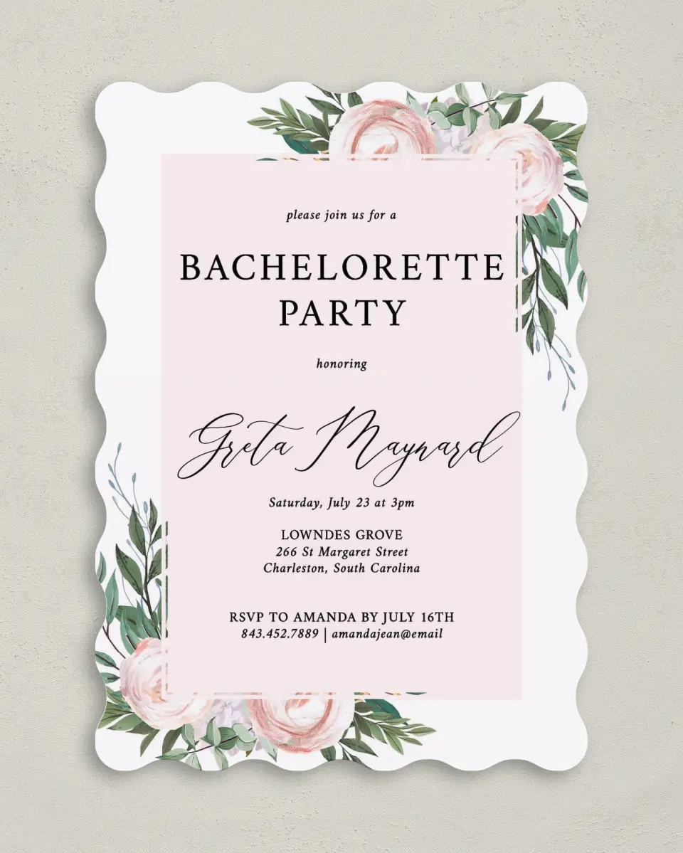 This is a 5" x 7" Bachelorette Party Invitation called Gouache Roses printed in full color on Premium Smooth paper