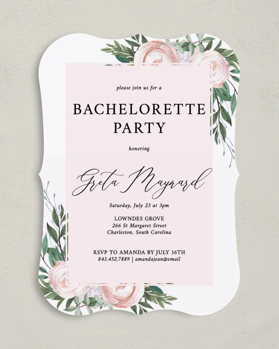 This is a 5" x 7" Bachelorette Party Invitation called Gouache Roses printed in full color with Silver foil on Luxe Satin (coated) paper