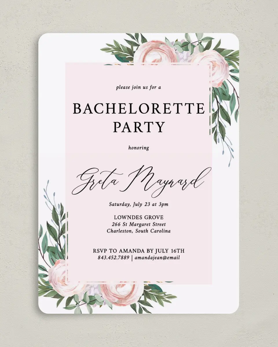 This is a 5" x 7" Bachelorette Party Invitation called Gouache Roses printed in full color on Premium Smooth paper