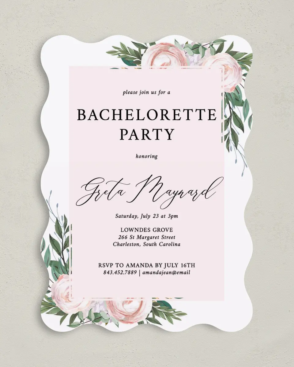 This is a 5" x 7" Bachelorette Party Invitation called Gouache Roses printed in full color on Premium Smooth paper