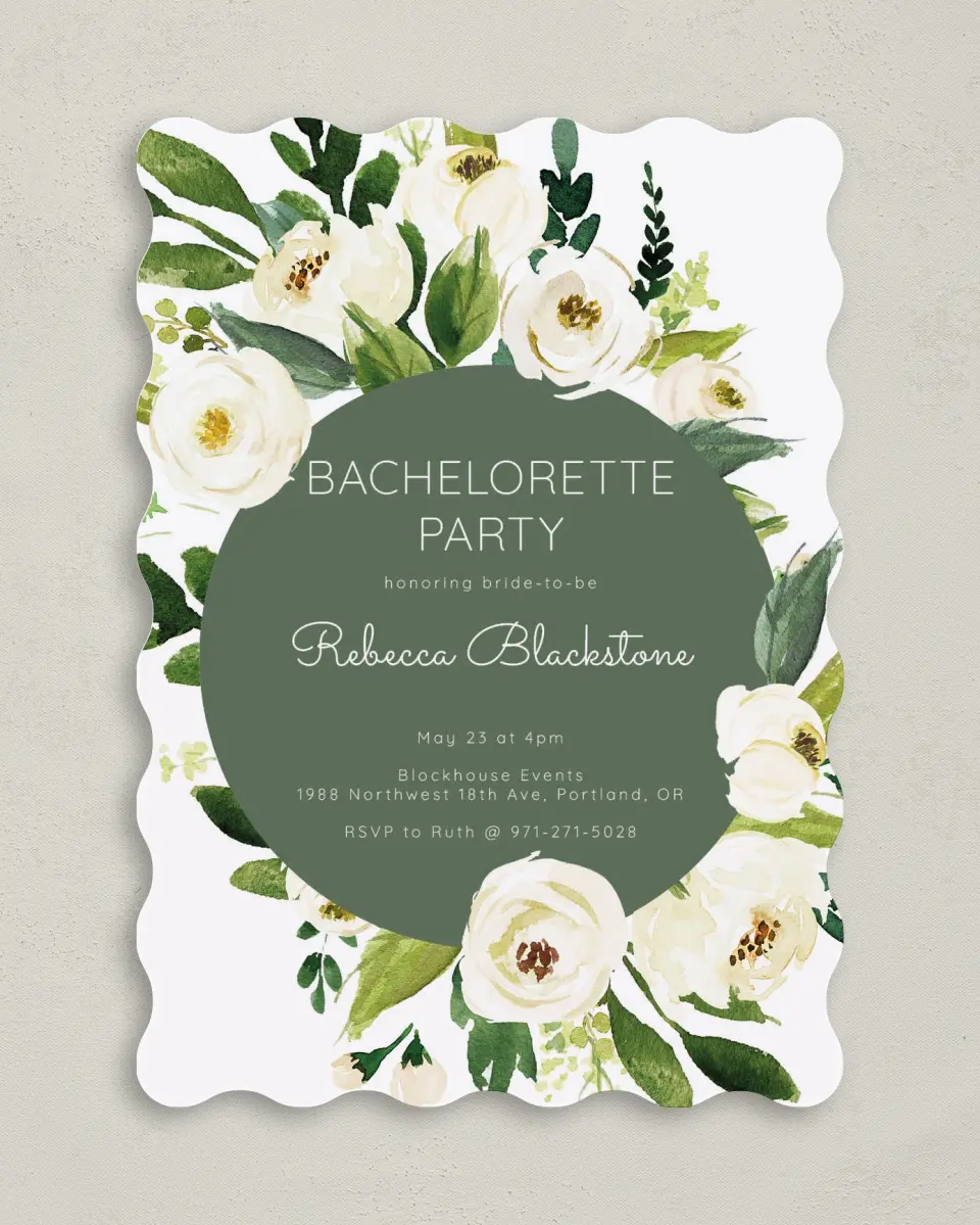 This is a 5" x 7" Bachelorette Party Invitation called Bridal Blooms printed in full color on Premium Smooth paper