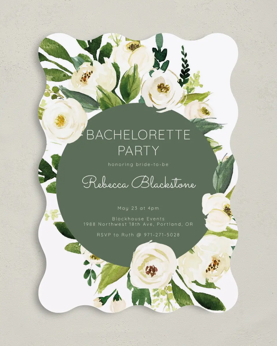 This is a 5" x 7" Bachelorette Party Invitation called Bridal Blooms printed in full color on Premium Smooth paper
