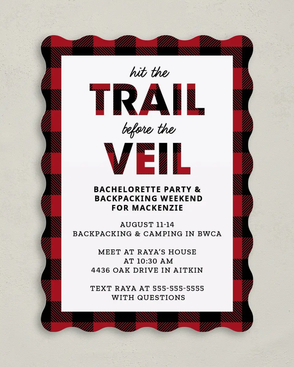 This is a 5" x 7" Bachelorette Party Invitation called I Do Trail printed in full color on Premium Smooth paper