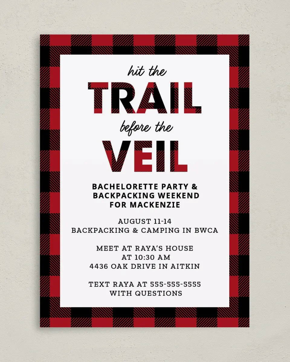 This is a 5" x 7" Bachelorette Party Invitation called I Do Trail printed in full color on Premium Smooth paper