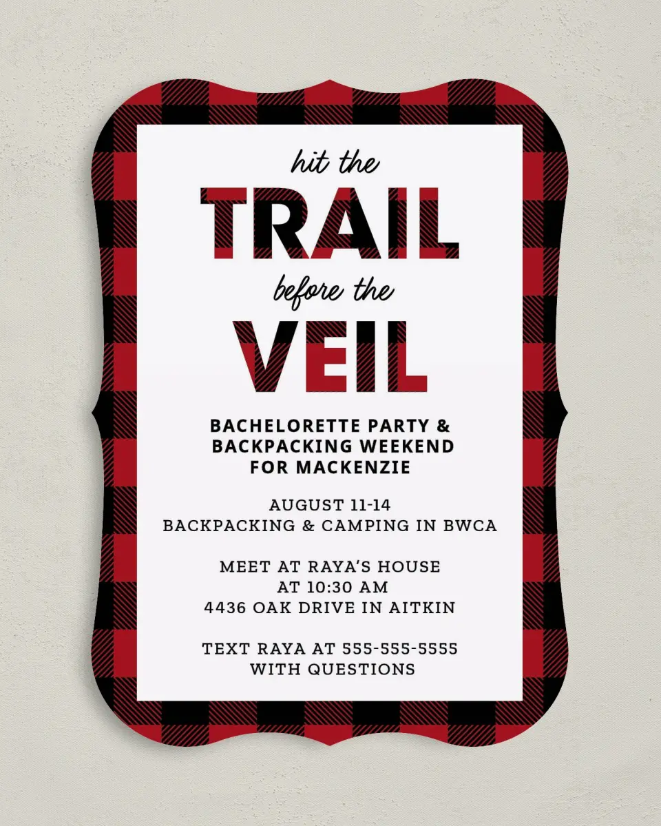 This is a 5" x 7" Bachelorette Party Invitation called I Do Trail printed in full color on Premium Smooth paper