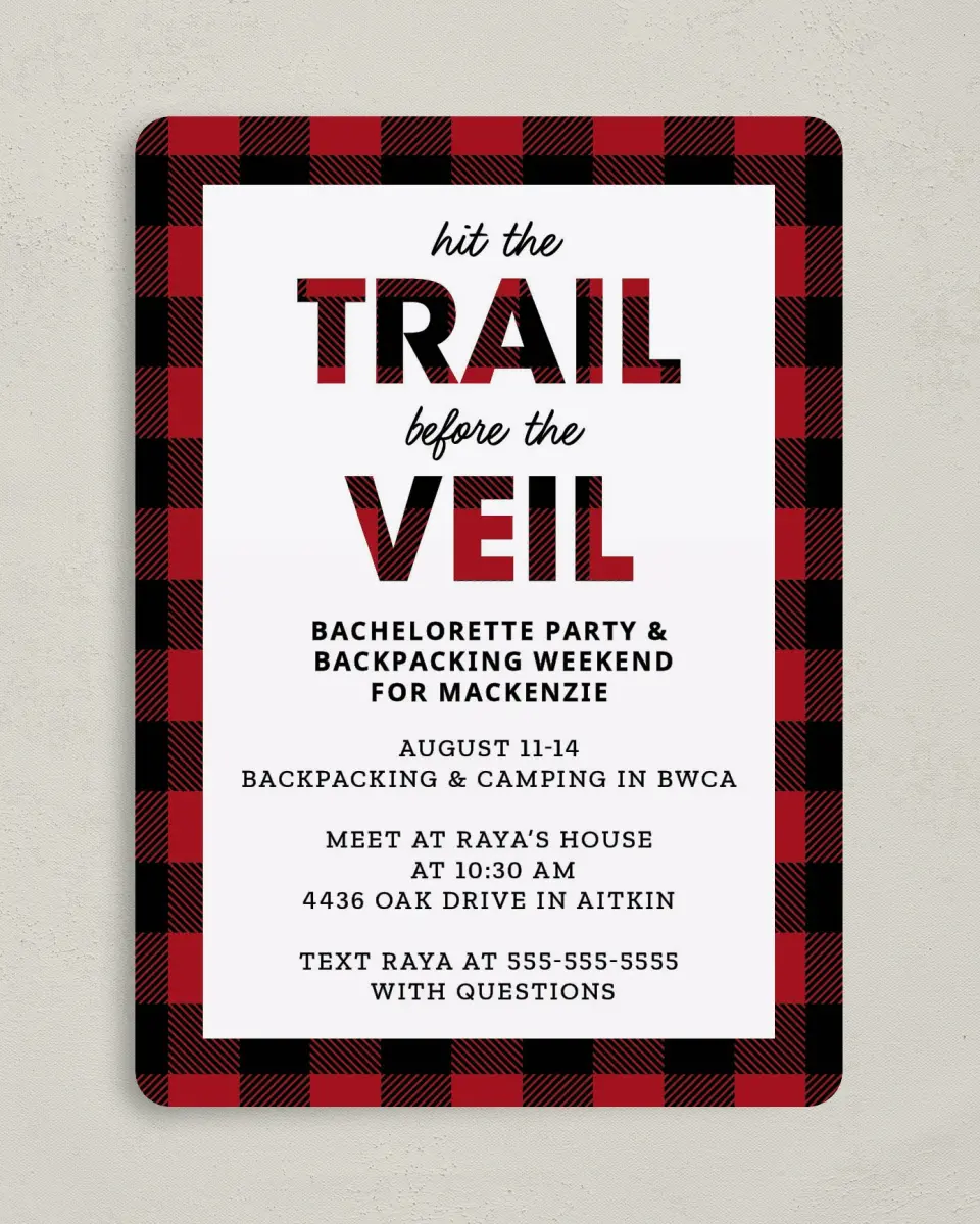 This is a 5" x 7" Bachelorette Party Invitation called I Do Trail printed in full color on Premium Smooth paper