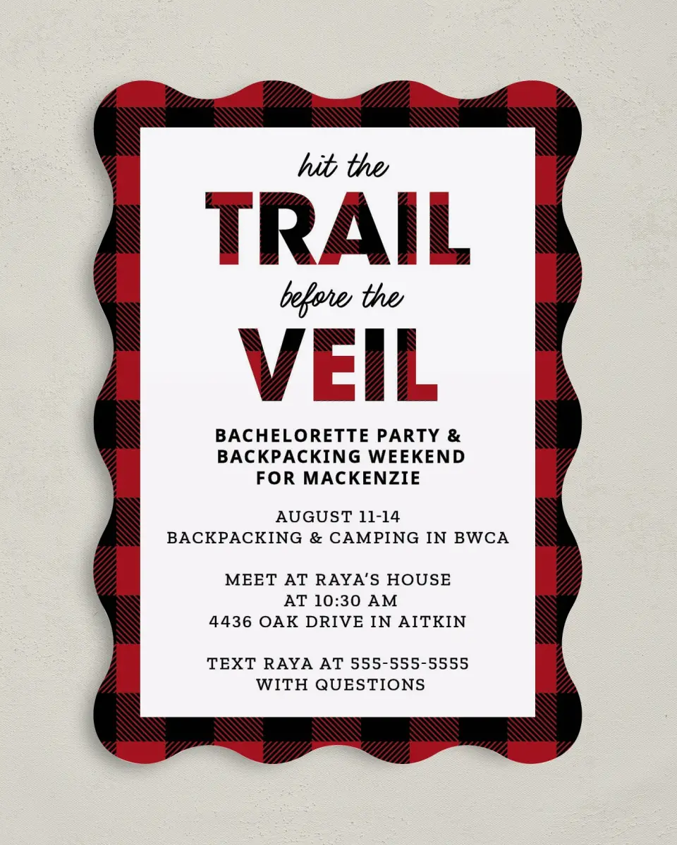 This is a 5" x 7" Bachelorette Party Invitation called I Do Trail printed in full color on Premium Smooth paper