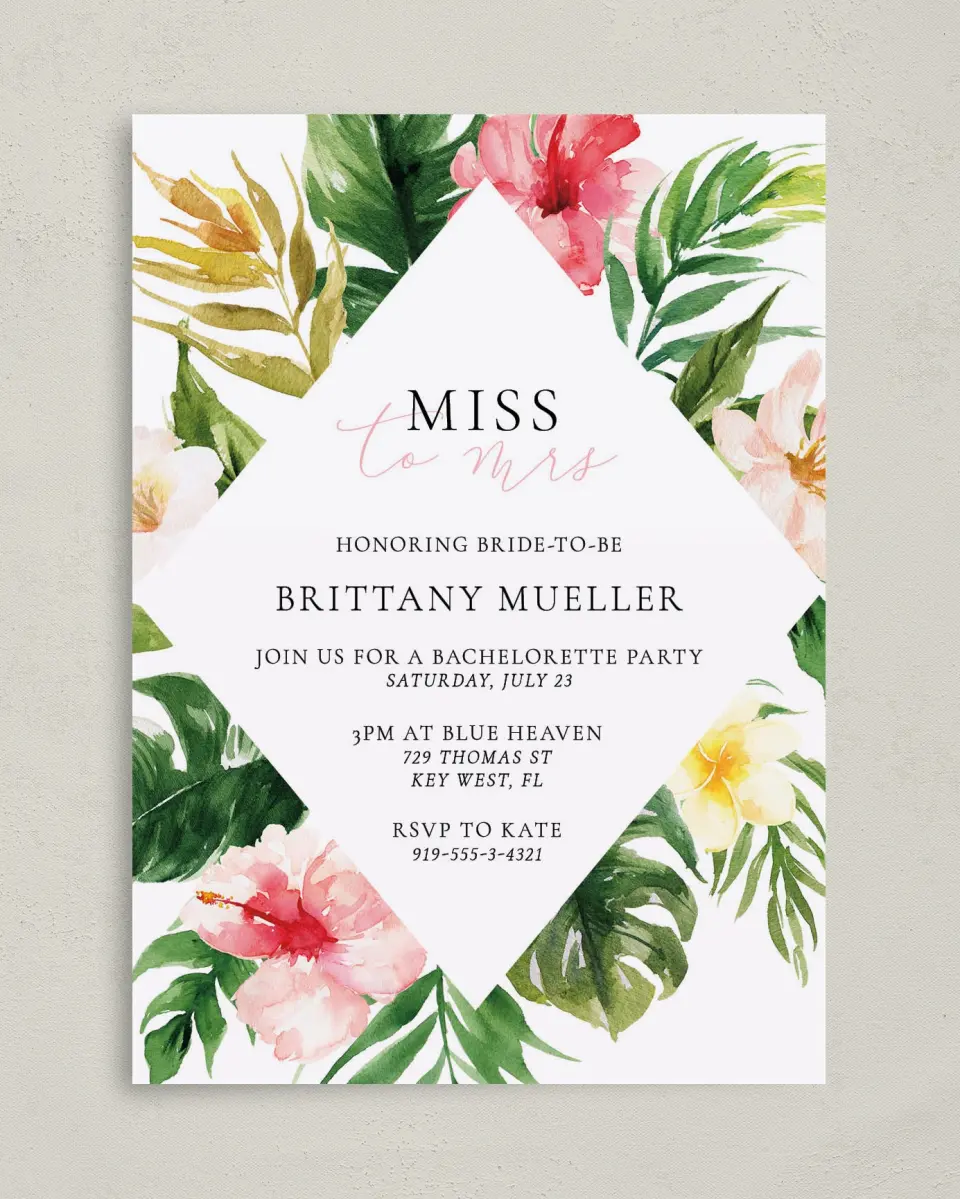 This is a 5" x 7" Bachelorette Party Invitation called Lovely Tropics printed in full color on Premium Smooth paper