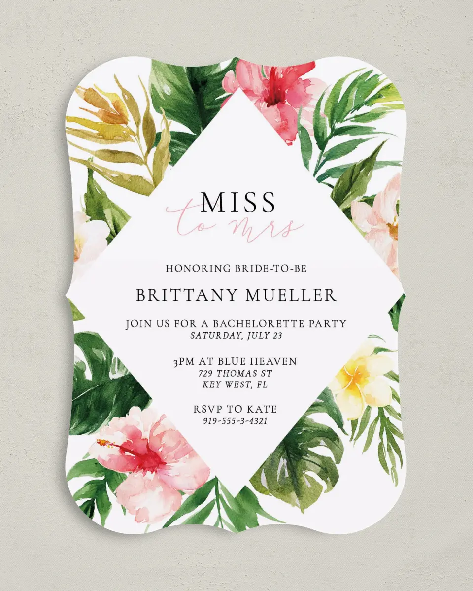 This is a 5" x 7" Bachelorette Party Invitation called Lovely Tropics printed in full color on Premium Smooth paper