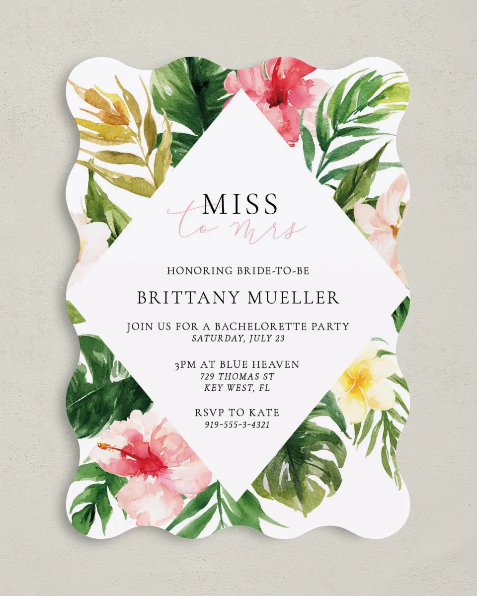 This is a 5" x 7" Bachelorette Party Invitation called Lovely Tropics printed in full color on Premium Smooth paper