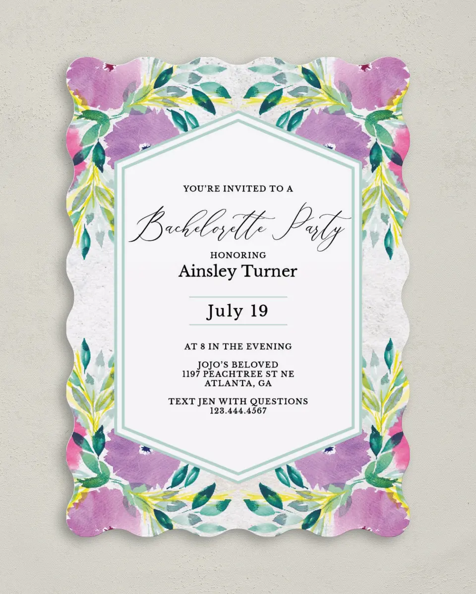 This is a 5" x 7" Bachelorette Party Invitation called Wild Blooms printed in full color on Premium Smooth paper