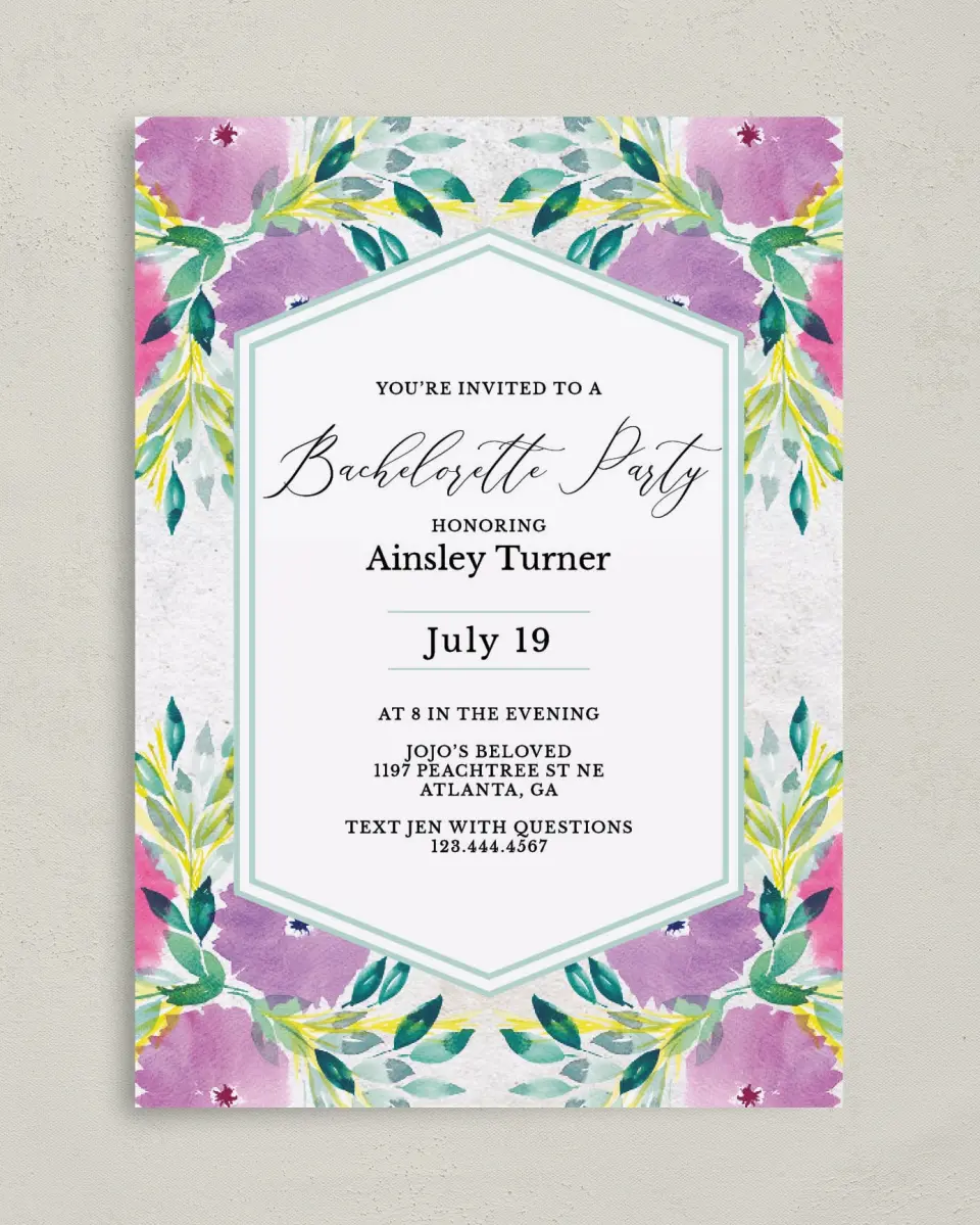 This is a 5" x 7" Bachelorette Party Invitation called Wild Blooms printed in full color on Premium Smooth paper