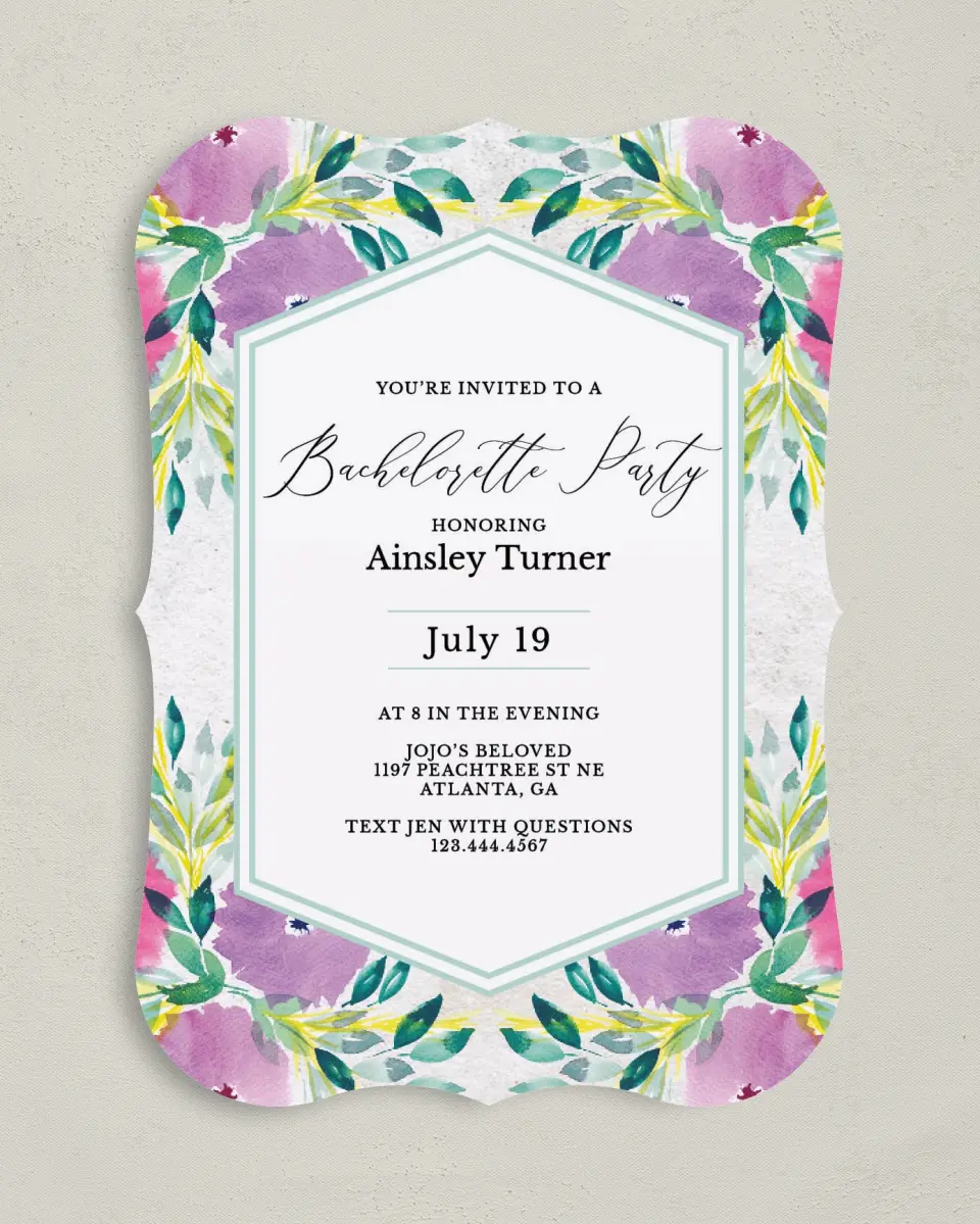 This is a 5" x 7" Bachelorette Party Invitation called Wild Blooms printed in full color on Premium Smooth paper