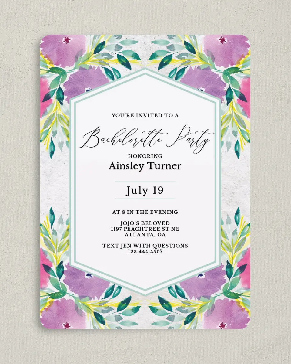 This is a 5" x 7" Bachelorette Party Invitation called Wild Blooms printed in full color on Premium Smooth paper