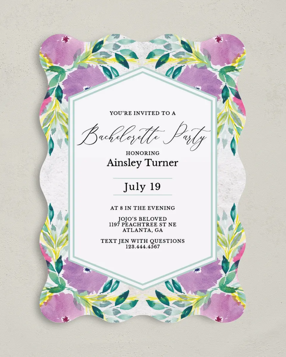 This is a 5" x 7" Bachelorette Party Invitation called Wild Blooms printed in full color on Premium Smooth paper