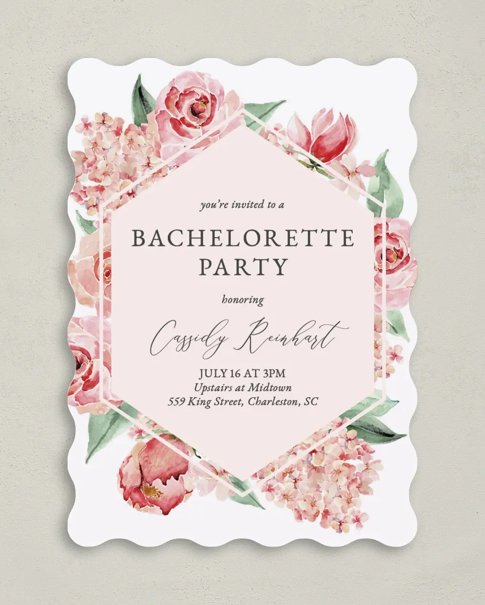This is a 5" x 7" Bachelorette Party Invitation called Floral Elegance printed in full color on Premium Smooth paper
