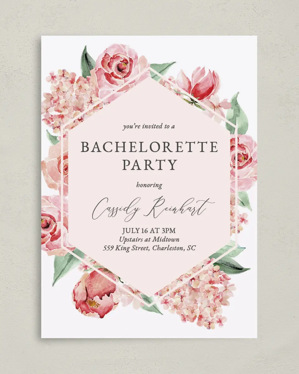 This is a 5" x 7" Bachelorette Party Invitation called Floral Elegance printed in full color on Premium Smooth paper