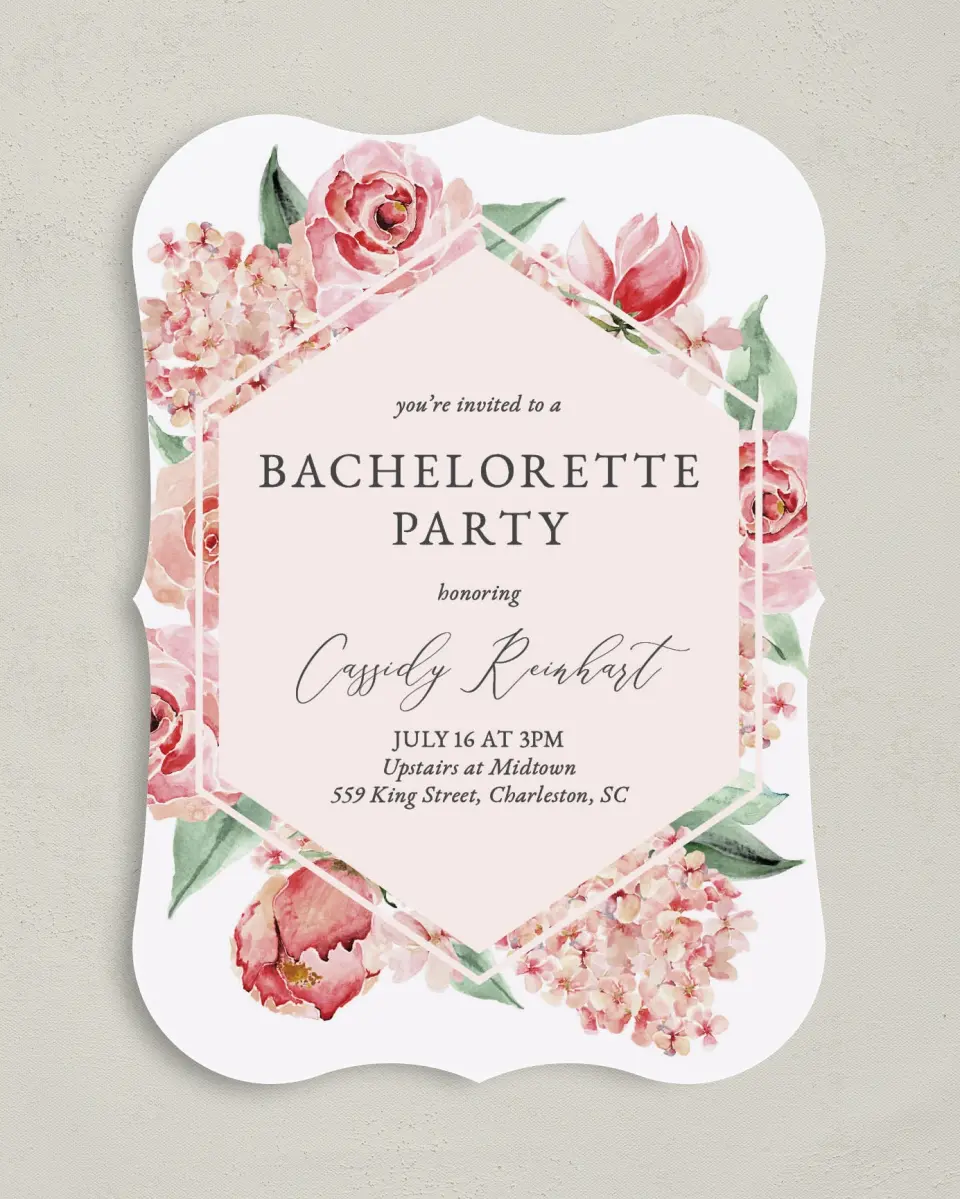 This is a 5" x 7" Bachelorette Party Invitation called Floral Elegance printed in full color with Rose Gold foil on Luxe Satin (coated) paper