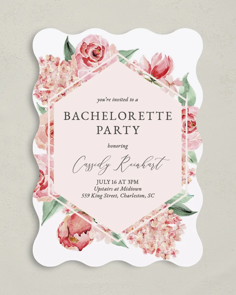 This is a 5" x 7" Bachelorette Party Invitation called Floral Elegance printed in full color on Premium Smooth paper