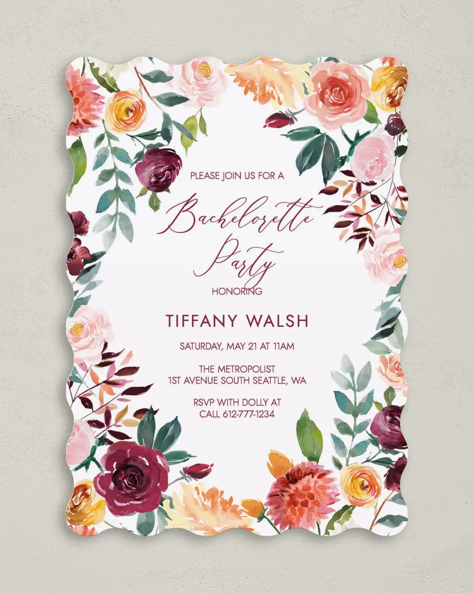 This is a 5" x 7" Bachelorette Party Invitation called Bouquet Bliss printed in full color on Premium Smooth paper