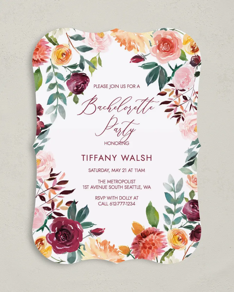 This is a 5" x 7" Bachelorette Party Invitation called Bouquet Bliss printed in full color on Premium Smooth paper