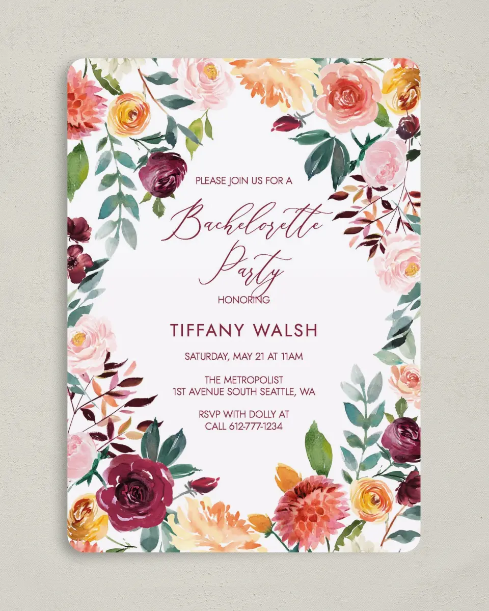 This is a 5" x 7" Bachelorette Party Invitation called Bouquet Bliss printed in full color on Premium Smooth paper