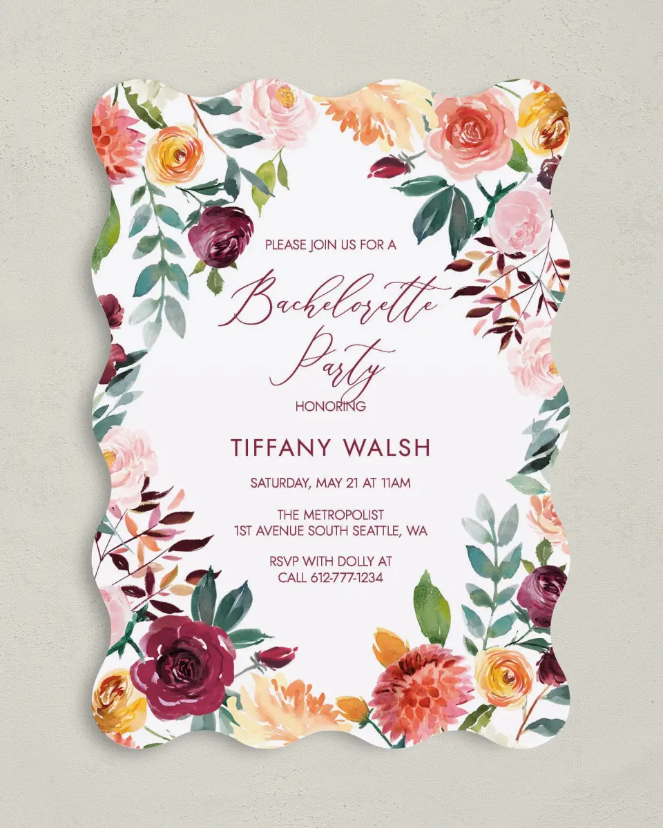 This is a 5" x 7" Bachelorette Party Invitation called Bouquet Bliss printed in full color on Premium Smooth paper