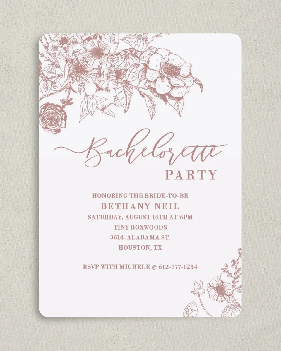 This is a 5" x 7" Bachelorette Party Invitation called Spring Floral printed in full color on Premium Smooth paper