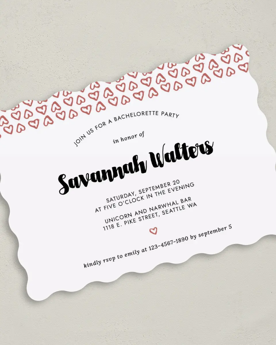 This is a 5" x 7" Bachelorette Party Invitation called Whimsy Hearts printed in full color on Premium Smooth paper