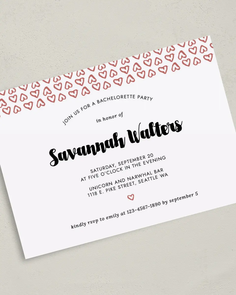 This is a 5" x 7" Bachelorette Party Invitation called Whimsy Hearts printed in full color on Premium Smooth paper