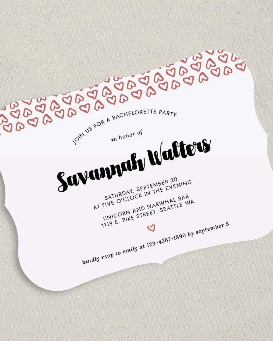 This is a 5" x 7" Bachelorette Party Invitation called Whimsy Hearts printed in full color on Premium Smooth paper
