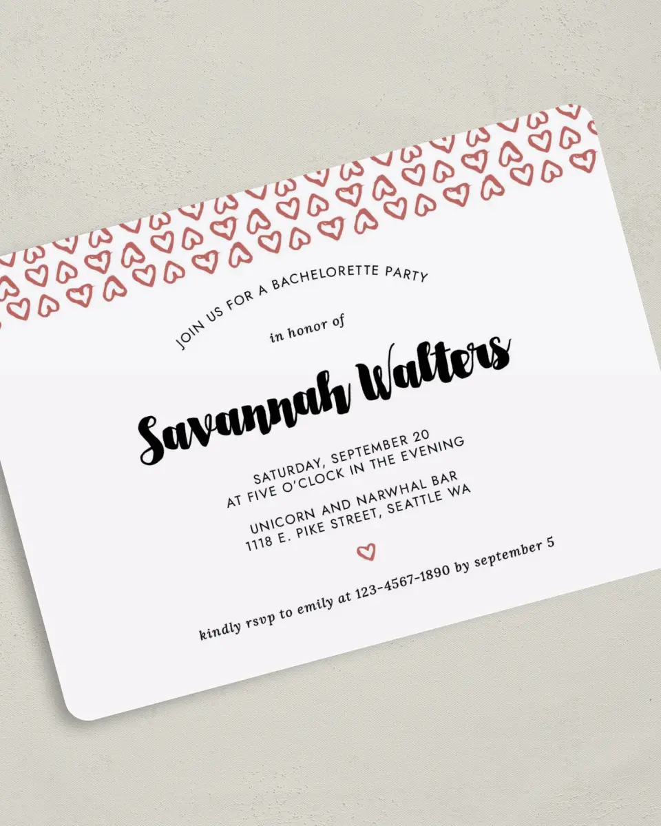 This is a 5" x 7" Bachelorette Party Invitation called Whimsy Hearts printed in full color on Premium Smooth paper